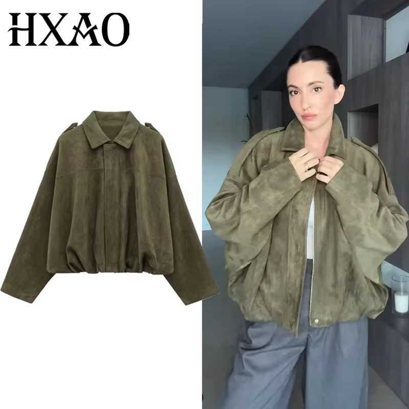 HXAO 2025 Womens Jackets Cropped Suede Jacket Women DemiSeason Bomber Jackets Long Sleeve Coats Oversize Zipper Solid Coats Y251105
