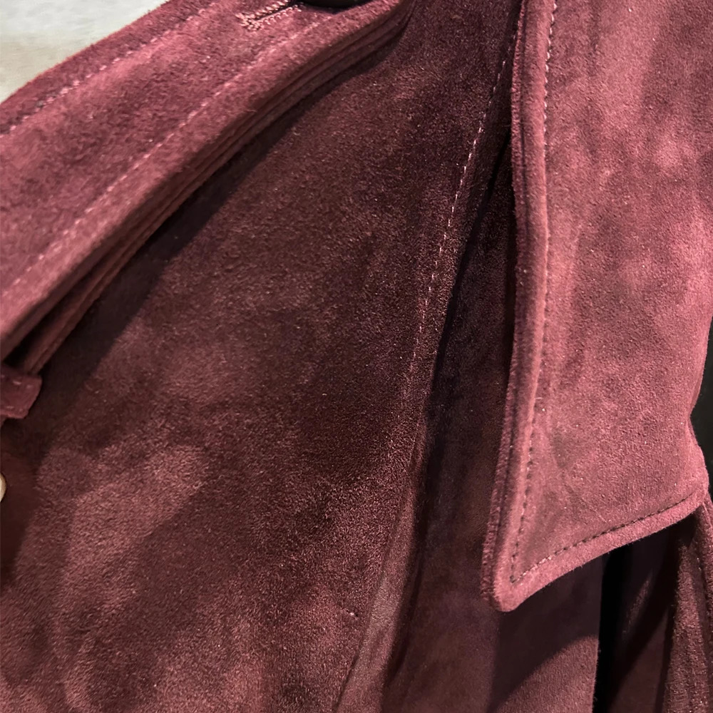 Suede Burgundy Long Coat Double Breasted Windbreak Length 150cm Womens Real 251021