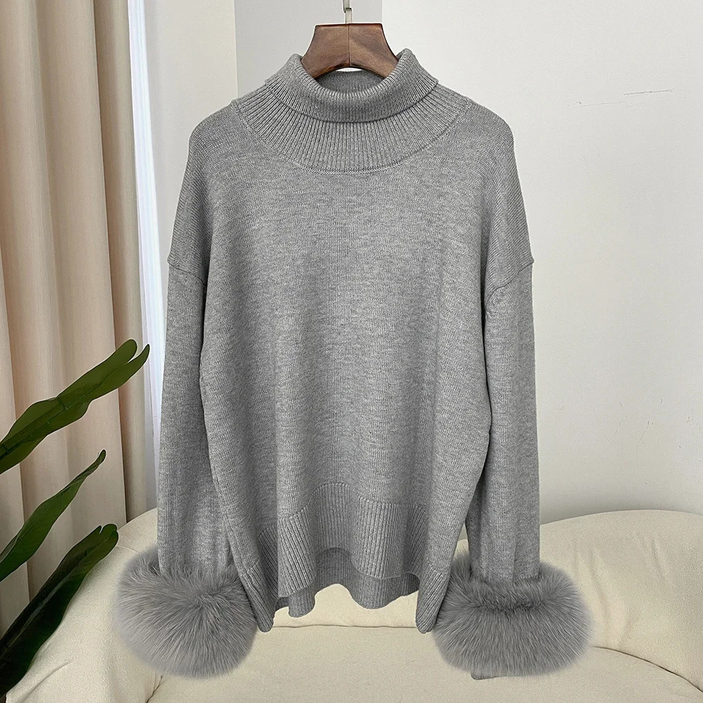 Sweater Women Autumn Winter Fashionable Sweaters with Fox Fur Sleeves Slim Fit Sweaters Fur Knitwear England Style 251016