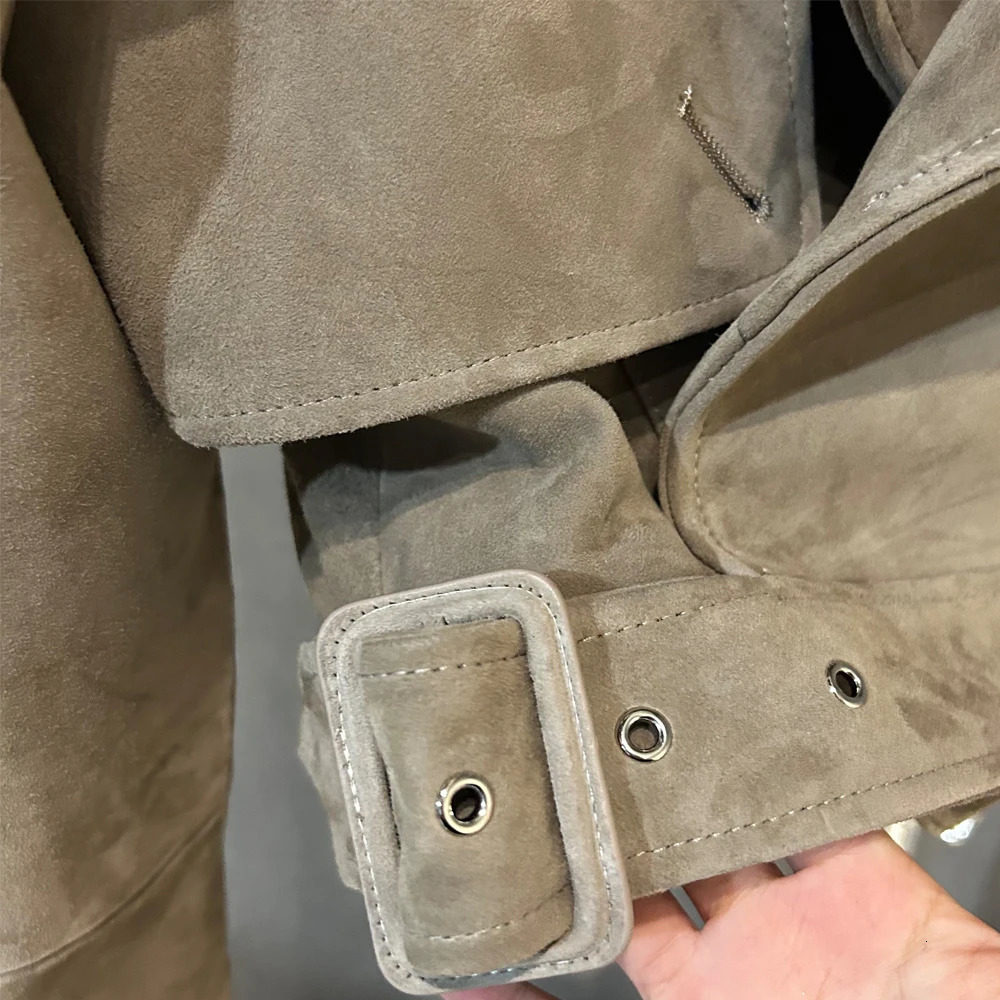 Light Gray Suede Leather Jacket Women Natural Sheepskin Padded Shoulder Jackets 251017