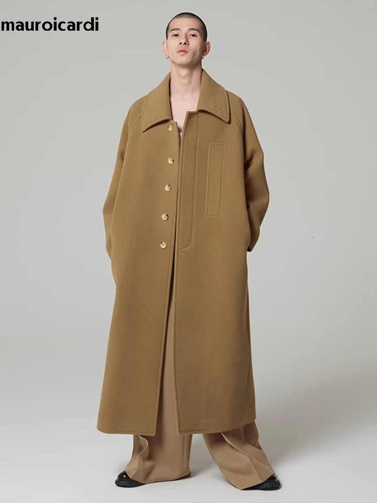 Mauroicardi Autumn Winter Oversized Long Khaki Warm Soft Woolen Coat Men Single Breasted Wool Blends Overcoat European Fashion 251017