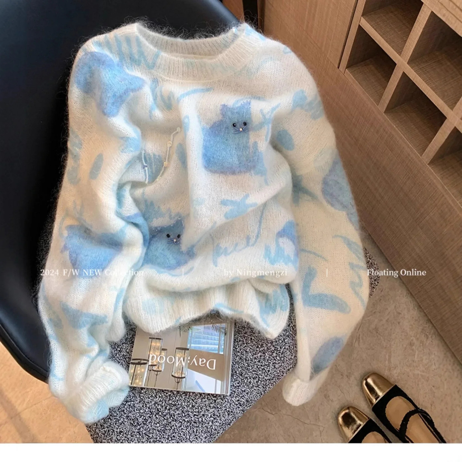 Soft Cozy Crew Neck Knitwear Womens Style Cat Print Bead Embellished Mouton Woollike Polyester Fiber Full Sleeve Top 251016