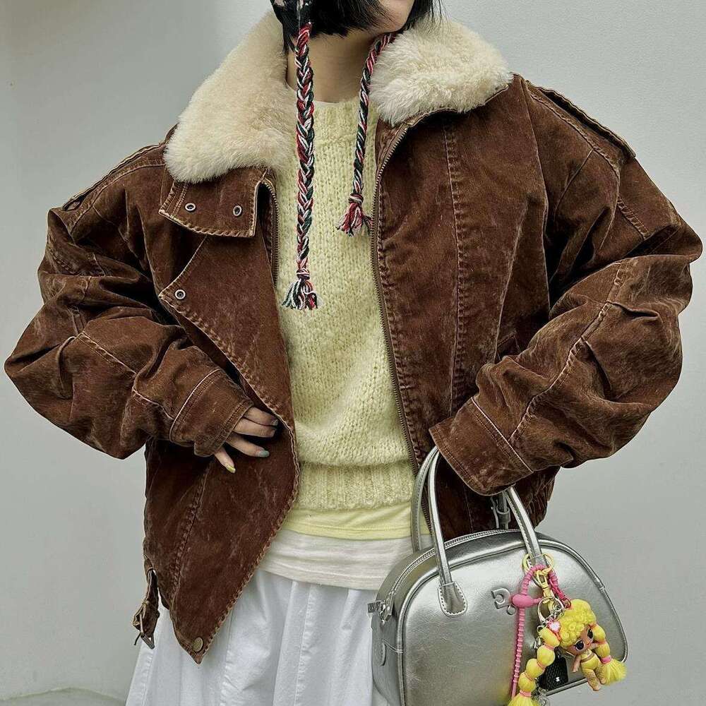 2025 Vintage Brown Distressed Denim Flocked Fabric White Goose Down Iceland Wool Collar Parka Jacket