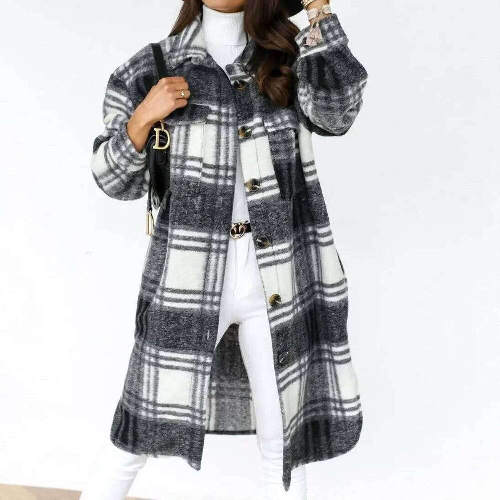 Single Breasted Trench Fashion Autumn Winter Women's Clothing Long Sleeve Woolen Plaid Overcoat Coat