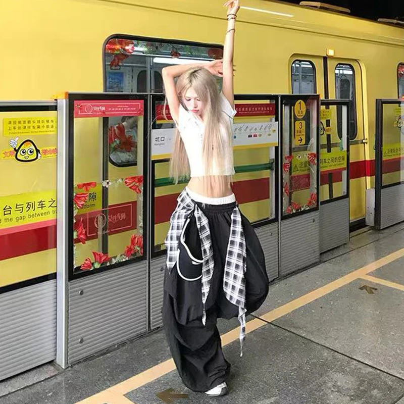 Y2K Streetwear Hip Hop Cargo Pants Women Summer High Waist Loose Plaid Patchwork Wide Leg Pants American Baggy Casual Trousers 251016