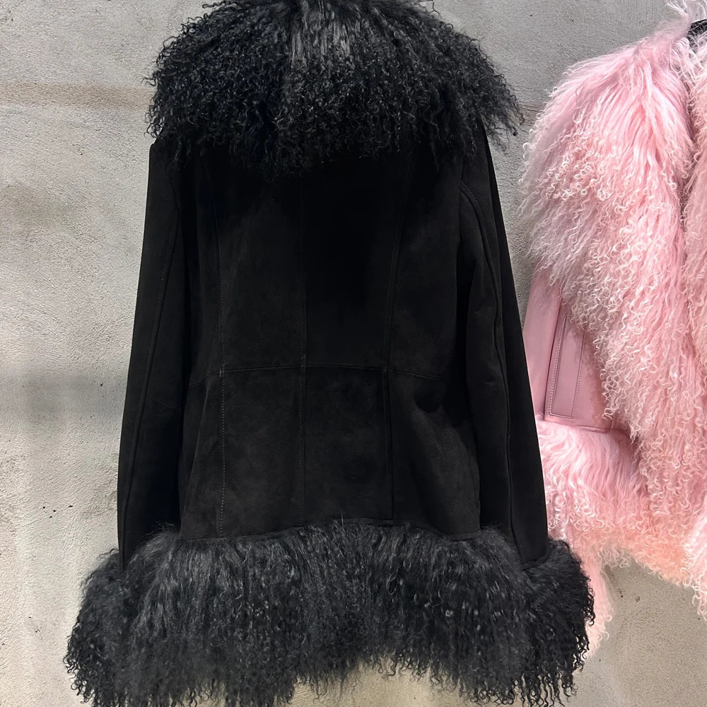 Black Suede Mongolian Sheep Fur Coat Women Jacket with Long Sleeve arrival Winter Real 251021