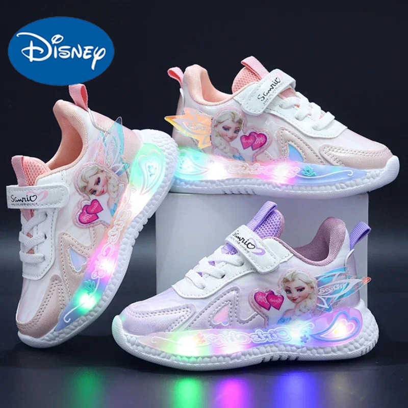 Disney Kids LED Sport Shoes Frozen Elsa Running Shoes Fashion Children Tennis Shoes Girls Luminous Casual Sneakers Basket Shoes H251022