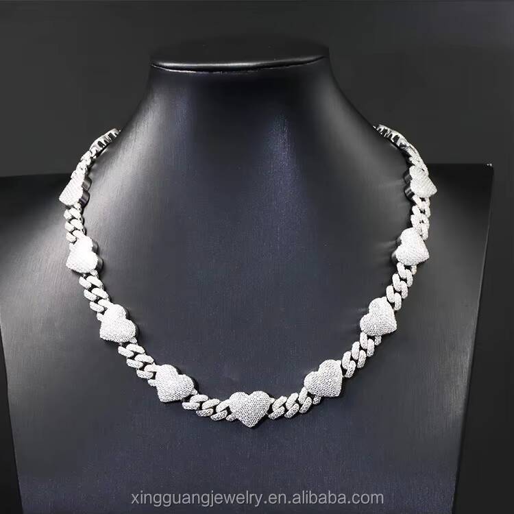 Yy Hot Sale Iced Out Heart Shape Design VVS Moissanite Cuban Lidynamic Chain Necklace 925 Silver Rapper Hip Hop Jewelry