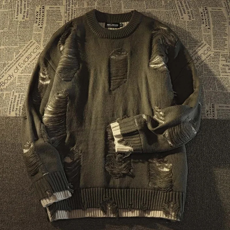 American Retro Hole Fake Two Sweaters For Men And Women Y2k Streetwear High Street Fashion Punk Style Loose Casual Sweater 251020