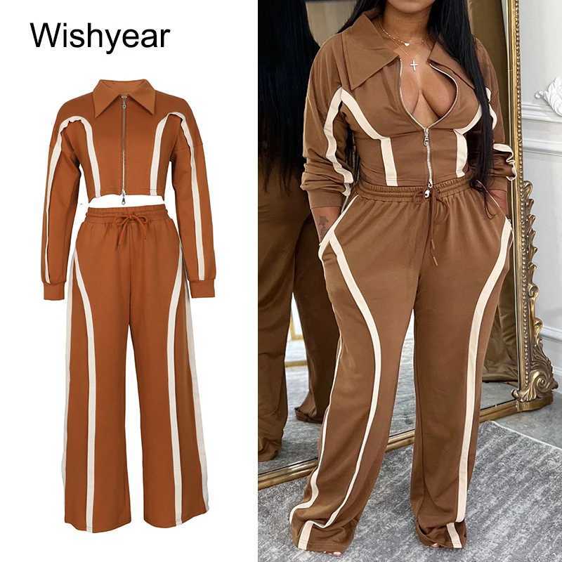 Casual Womens Sportswear 2Piece Set Stripe Patchwork Lapel Long Sleeve Zip Crop Jacket And Wide Leg Pants Tracksuit for FallT251022