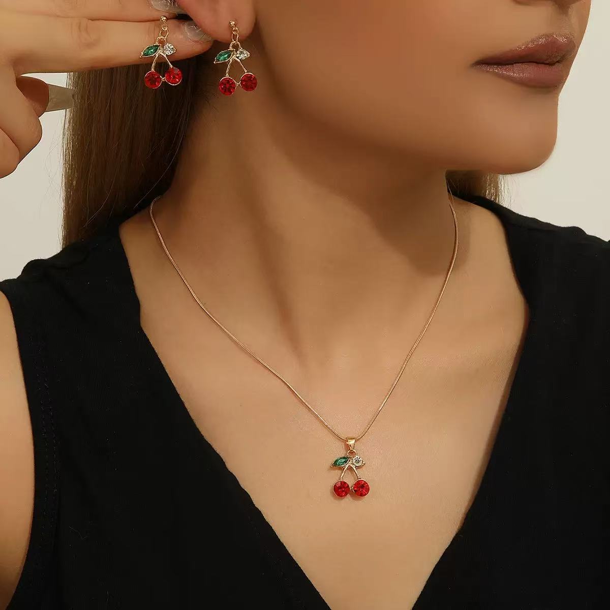 New Autumn/Winter Collection: Red Cherry Necklace Set for Women Unique, Artisan-Inspired Design