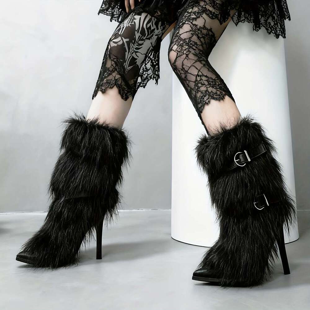Women's Punk Style Faux Fur Fluffy Pointed Toe Stiletto Ankle Plush Lining Warm Winter Snow Boots With EVA Insole & Non-Slip Rubber Sole, Cozy Fu