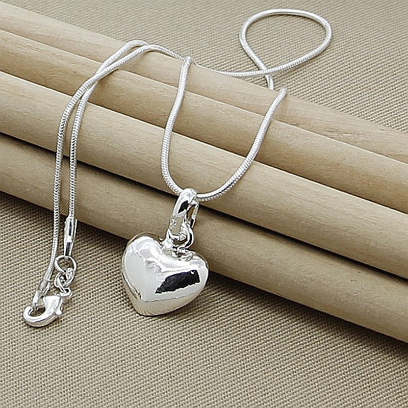 designer necklace for jewelry 925 Plated Bone Silver Color Solid Small Heart Pendant Necklace 16-30 Inch Snake Chain For Women Wedding Charm Fashion J - view 3