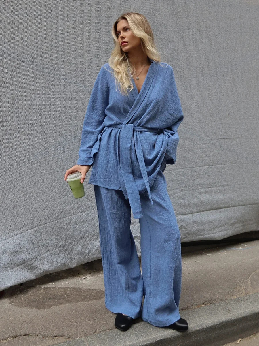 Blubelle 2025 Autumn 100 Cotton Womens Blue Lace Up Long Sleeve Pajama Set Loose Pants 2 Piece Leisure Homewear 251022