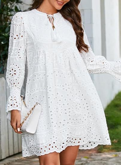 Women's designer fashionable tassel casual dress V-neck long sleeved A-line hollow lace pleated party dress