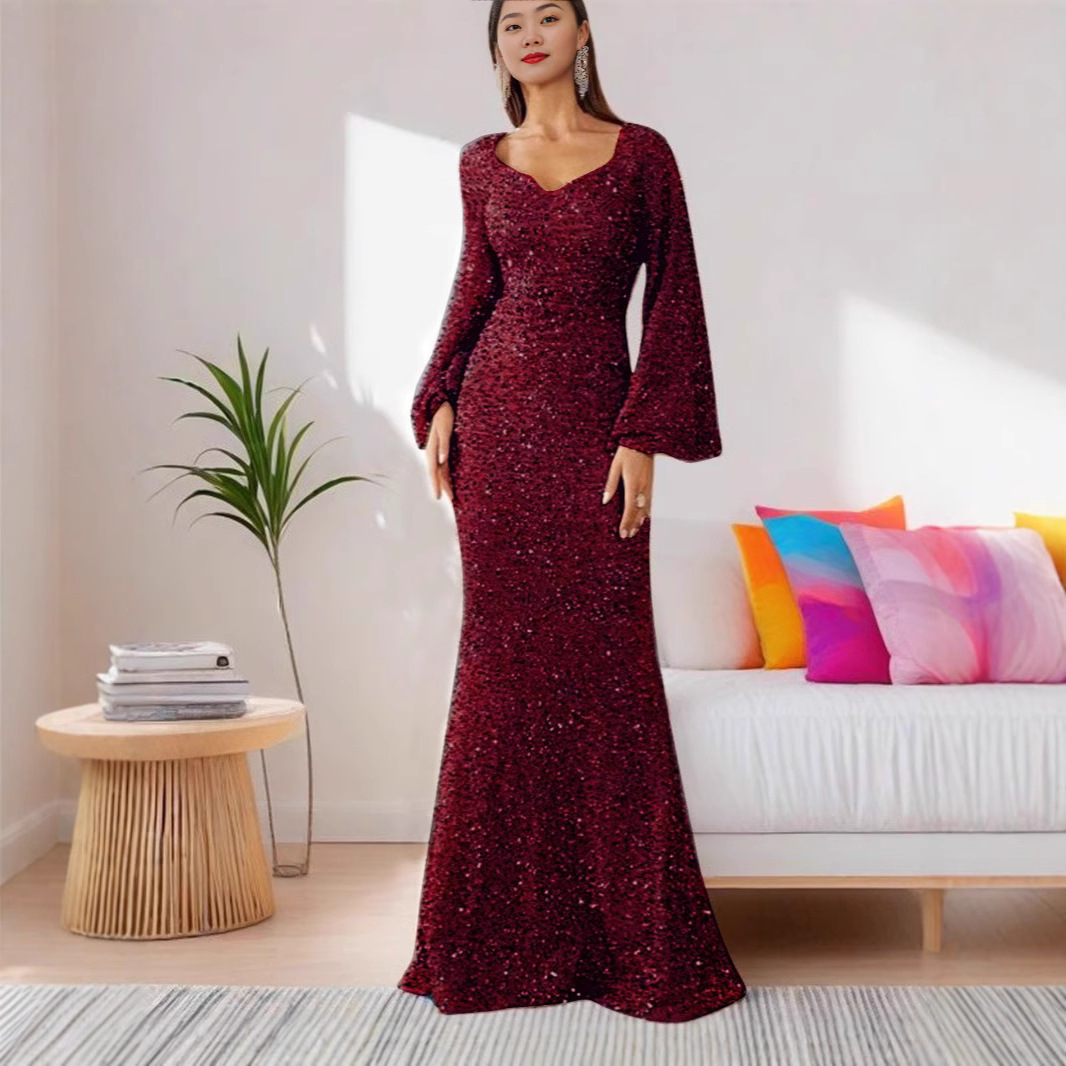 Spring and summer new fashion designer V-neck tight sequin European and American style mid waist flared sleeve length evening gown