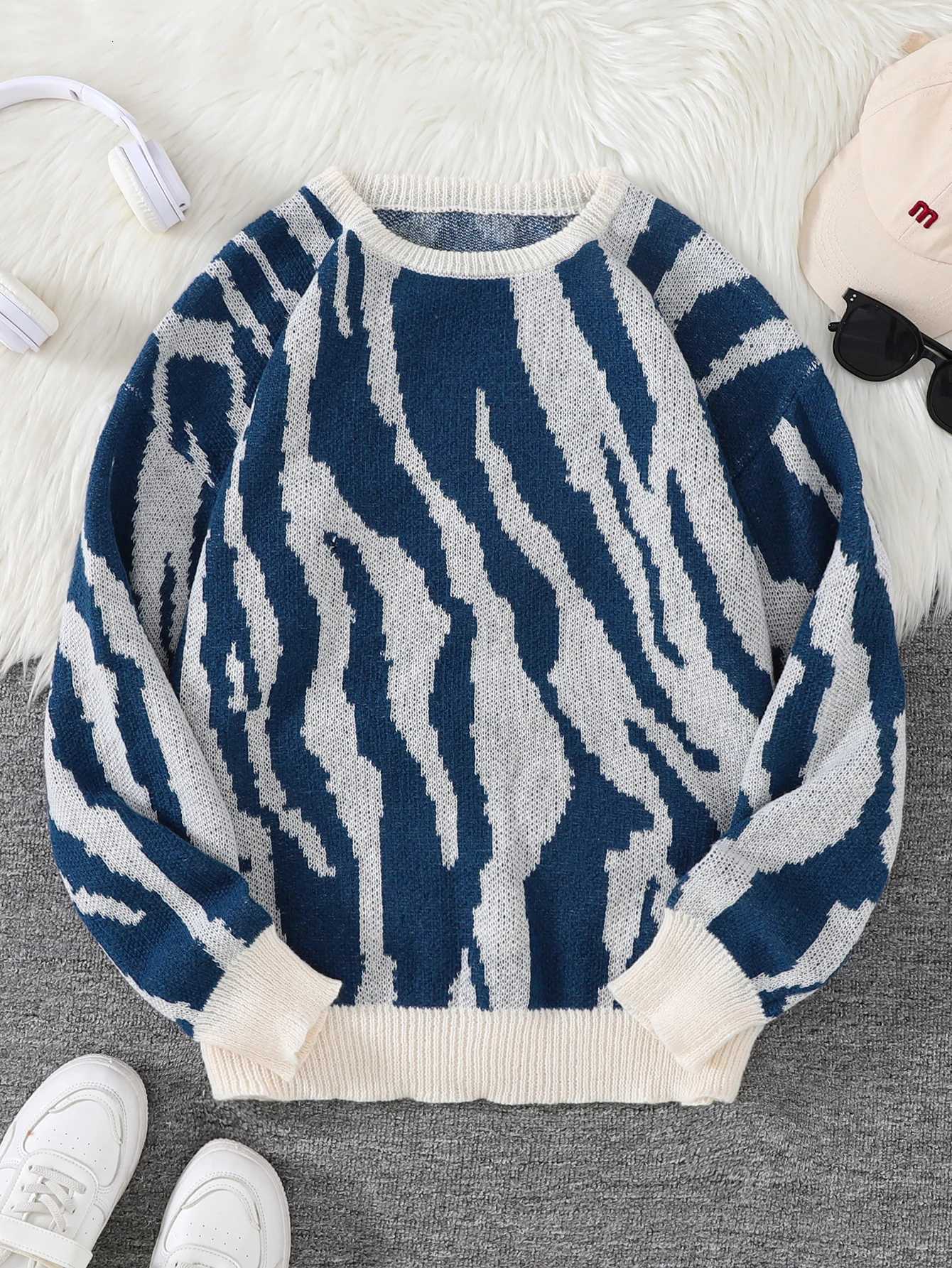 New Popular Autumn and Winter Wave Pattern Pullover Sweater Casual Round Neck Contrast Color Knitted Mens PulloverXJ251022