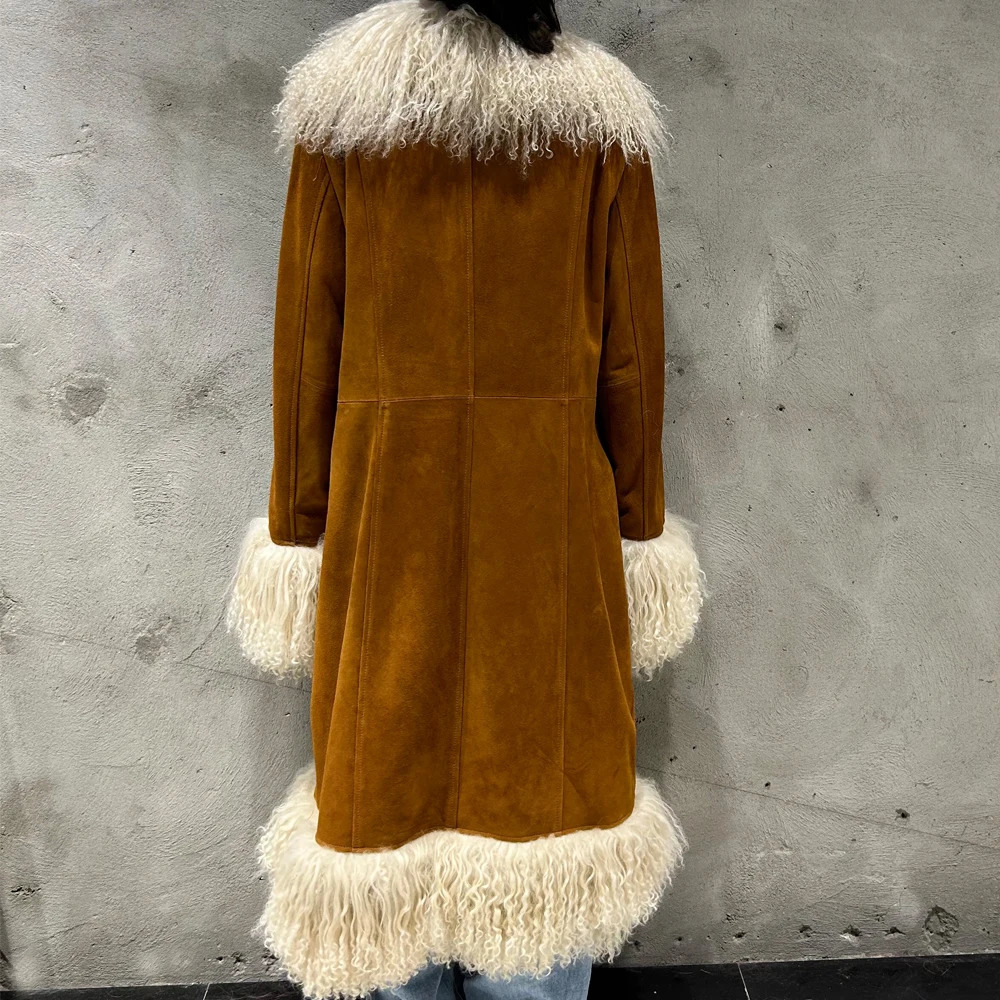 Winter Suede Long Fur Coat Mongolia Sheep Collar Arrival Camel Jacket 251021