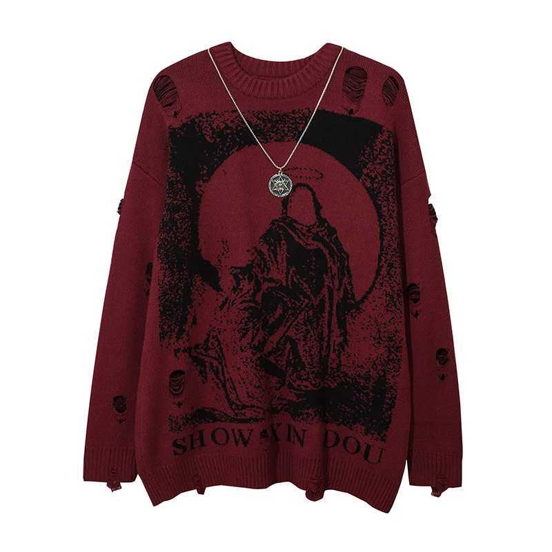 Harajuku Priest Salvation Printed Knitwears Unisex Streetwear Hip Hop Destroyed Hole Ripped Pullovers Sweater Oversized MenXJ251022