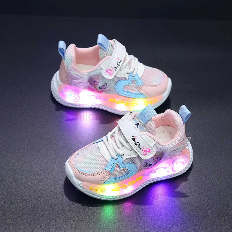 Disney Children Led Shoes Kids Girls Sneakers Frozen Elsa Princess Lighting Shoes Pink Purple Casual Sports Shoes Size 2131 H2510221