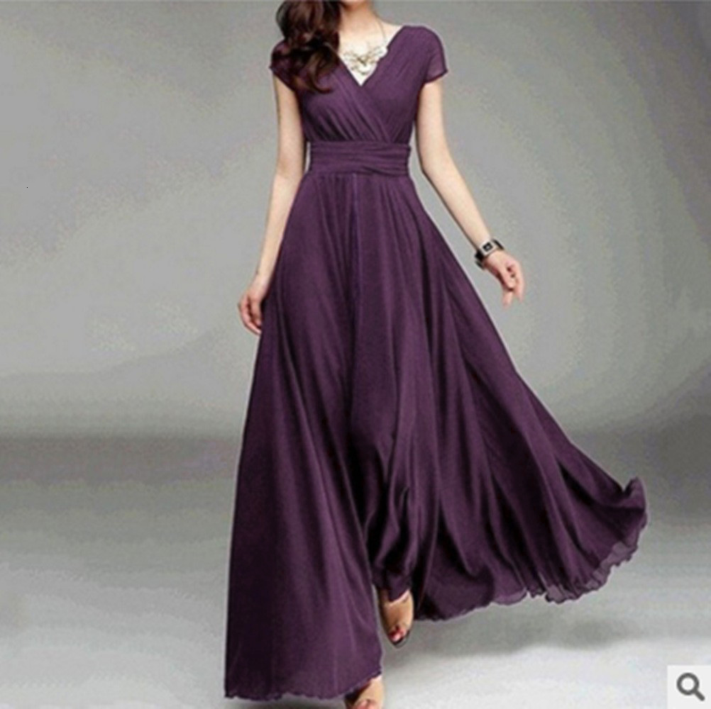 New designer fashionable European and American V-neck short sleeved Bohemian chiffon slim fit wrapped belly dress