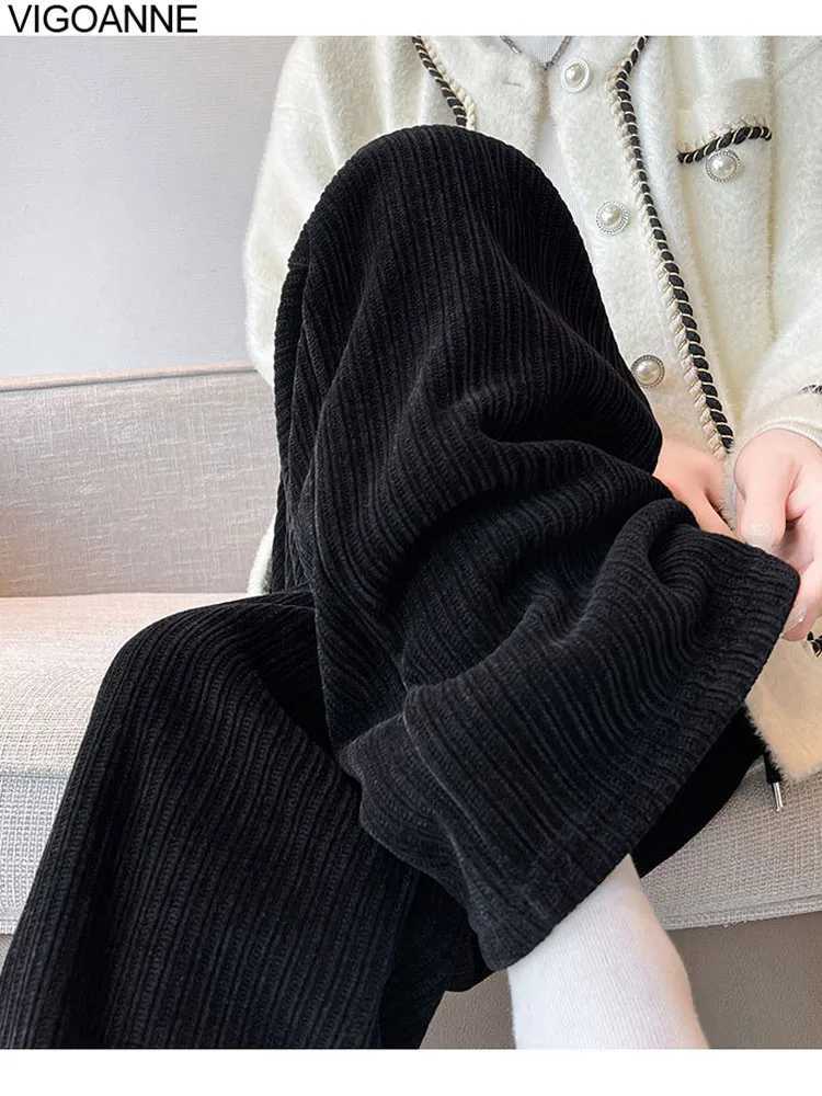 VigoAnne 2025 Female Casual Black Velvet Wide Leg Pants Autumn Women Sport Pants Winter LadyGym High Waist Warm Baggy TrousersT251022