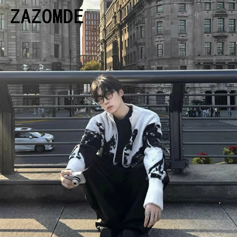 ZAZOMDE Men Sweater Cardigan Y2K Vintage Knitted Graffiti Butterfly Zip Up Jumpers Hip Hop Loose Double Zipper Punk Gothic Coat 251020