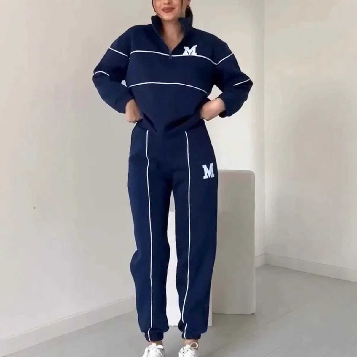 Two Piece Sets Women Pant Set Zipper Tracksuit Jogger Y2k Loose Sweatshirts Print Letter Elastic Waist Long Pants Autumn WinterT251022