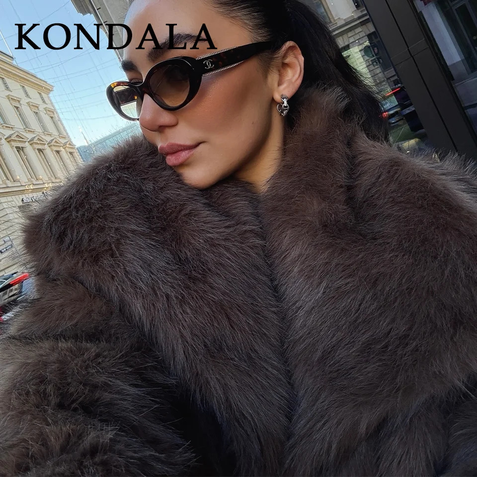 KONDALA Fall Winter Casual Faux Fur Brown Women Warm Jackets Streetwear Turn Down Collar Christmas Oversized Elegant Coats 251106