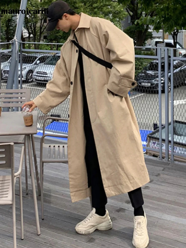 Mauroicardi Spring Autumn Long Oversized Black Khaki Trench Coat Men Raglan Sleeve Single Breasted Loose Casual Korean Fashion 251014