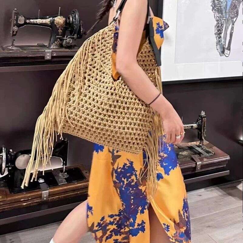 New Trendy Fashion Versatile Tassel Woven Design Color-Block Handbag Shoulder Bag For Women