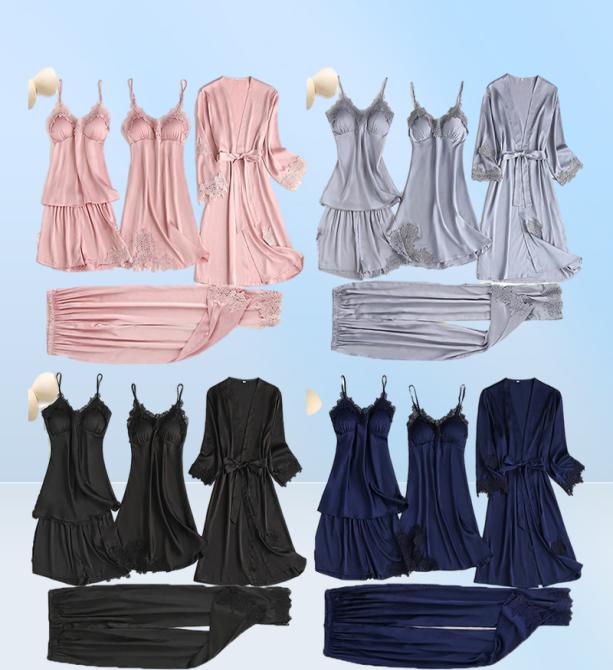Satin Lace Pajamas Set Women 5PC Strap Top Pants Sleepwear Sleep Suit Spring Autumn Pyjamas Home Wear Nightwear Robe Gown MXXL2086570