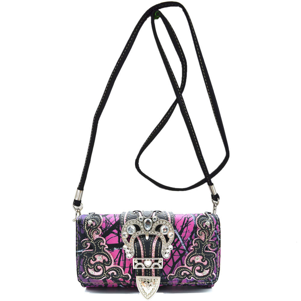 Women's Western Cowgirl Crossbody Bag Set Camouflage Crown Buckle, Rhinestone-Adorned Floral Shine Glow Design, Detachable Strap & Zipper Closure