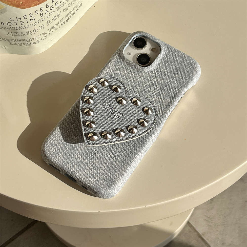Cute Compatible with iPhone 17 Pro Max Case, Denim Leather Texture Rivet Heart Stand Phone Case Protection Soft Cases for Women Girls