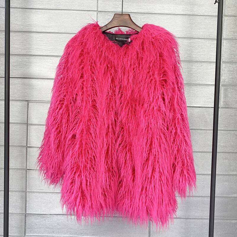 Solid color Wool Faux Women's Furry Pink/Purple Lamb Female Shaggy Sheepskin Coat Winter Artificial Fur Jacket
