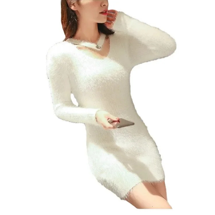 Womens MidLength Knitted Sweater VNeck Full Sleeve Faux Fur Base Layer Loose Fit Autumn Winter Style Korean Version 251016