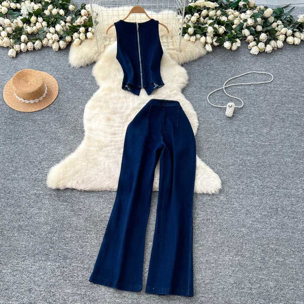 Denim Pant Set Women Two Piece Sets Sleeveless Vests Tops Wide Leg Long Pants High Waist Y2k Streetwear Elegant Work 2025T251022
