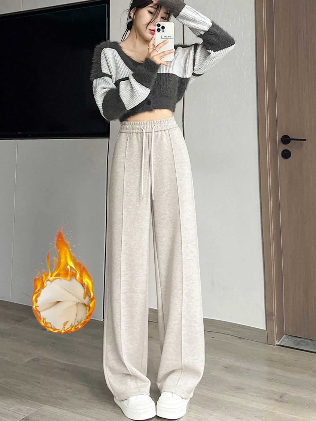 Autumn and winter wideleg pants with high waist design drapey herringbone pattern and velvet trousers straightleg pantsT251022