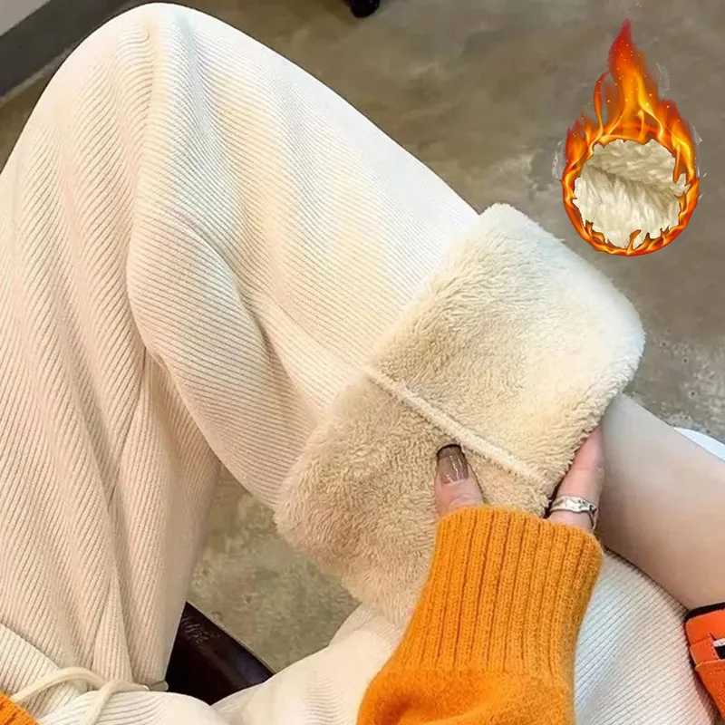 Winter Female Classic Designer Pants Girls Fleece Thermal High Waist Pants Lady Korean Snow Warm Straight Leg Plush TrousersT251022