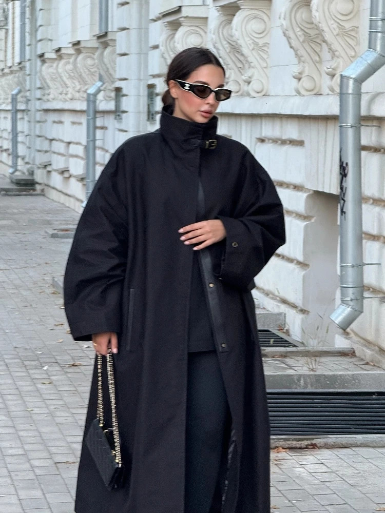 Black Stand Collar Trench Coat Women Fashion Long Sleeve Singlebreasted Loose Windbreaker Autumn Lady High Street Outwear 251021