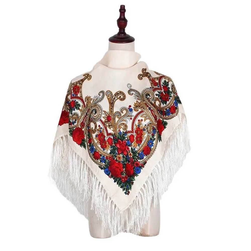 Russian Square Scarf Traditional Ukrainian Shawls Women Luxury Floral Print Fringed Bandana Spanish Ethnic Style Head Wraps J251118