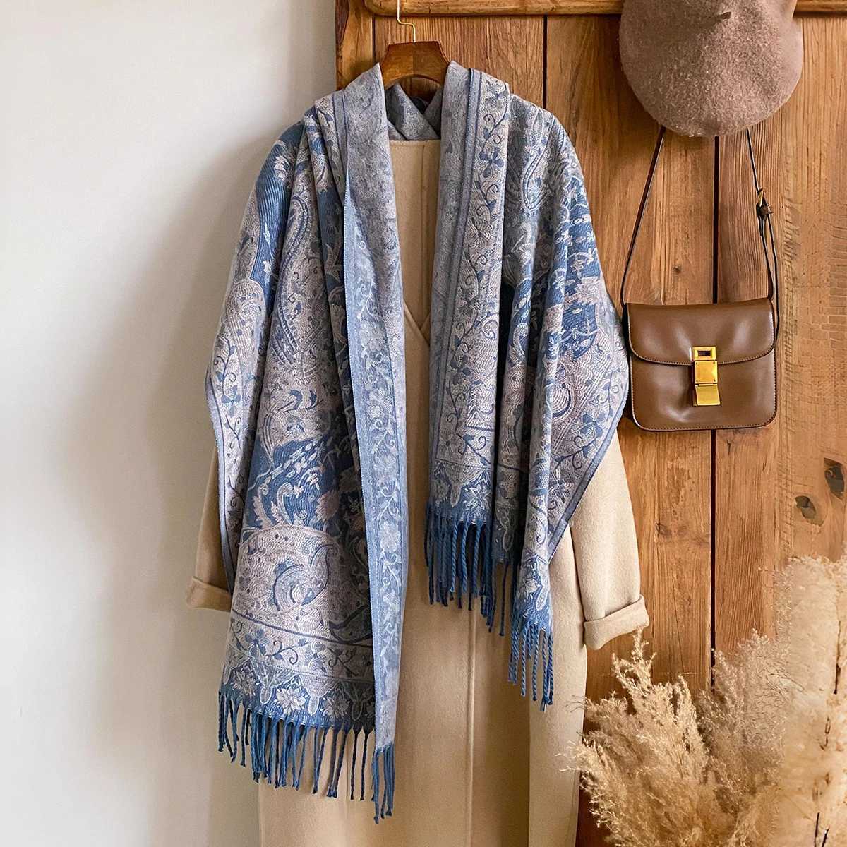 Winter Womens Thick Shawl National Style Warm Long Tassel Scarf with Flower Embellishment Versatile Poncho Stole J251118