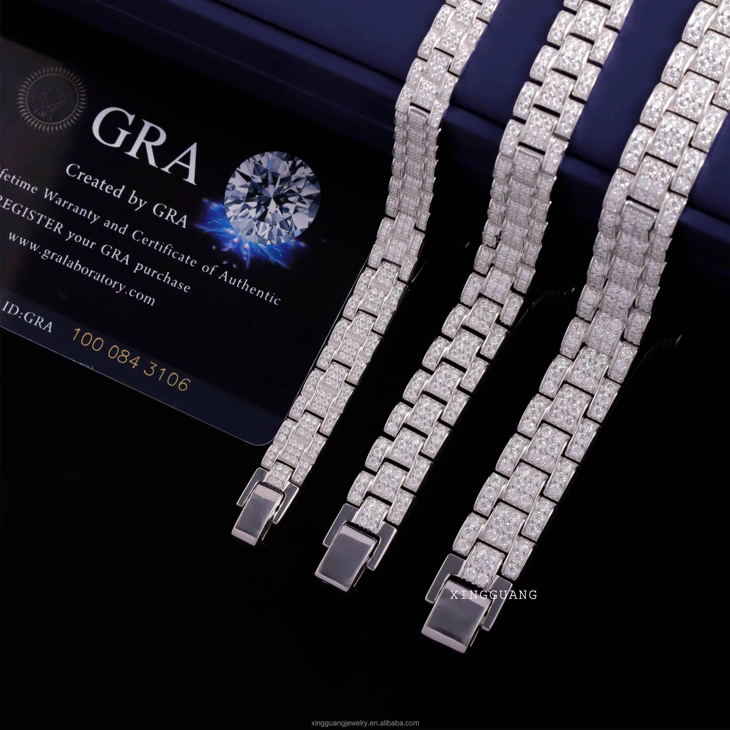 XingGuang Jewelry New Design Hip Hop Moissanite Bracelet Iced Out Diamond Pass Diamond Test Moissanite 925 Silver Cuabn Bracelet