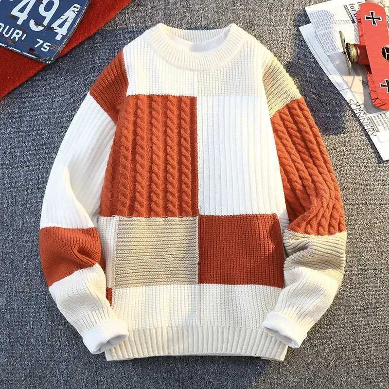 Autumn Winter Mens Round Neck Knit Sweater Fashion Plaid Knitted Pullovers Men Casual Loose Warm patchwork SweatersXJ251022