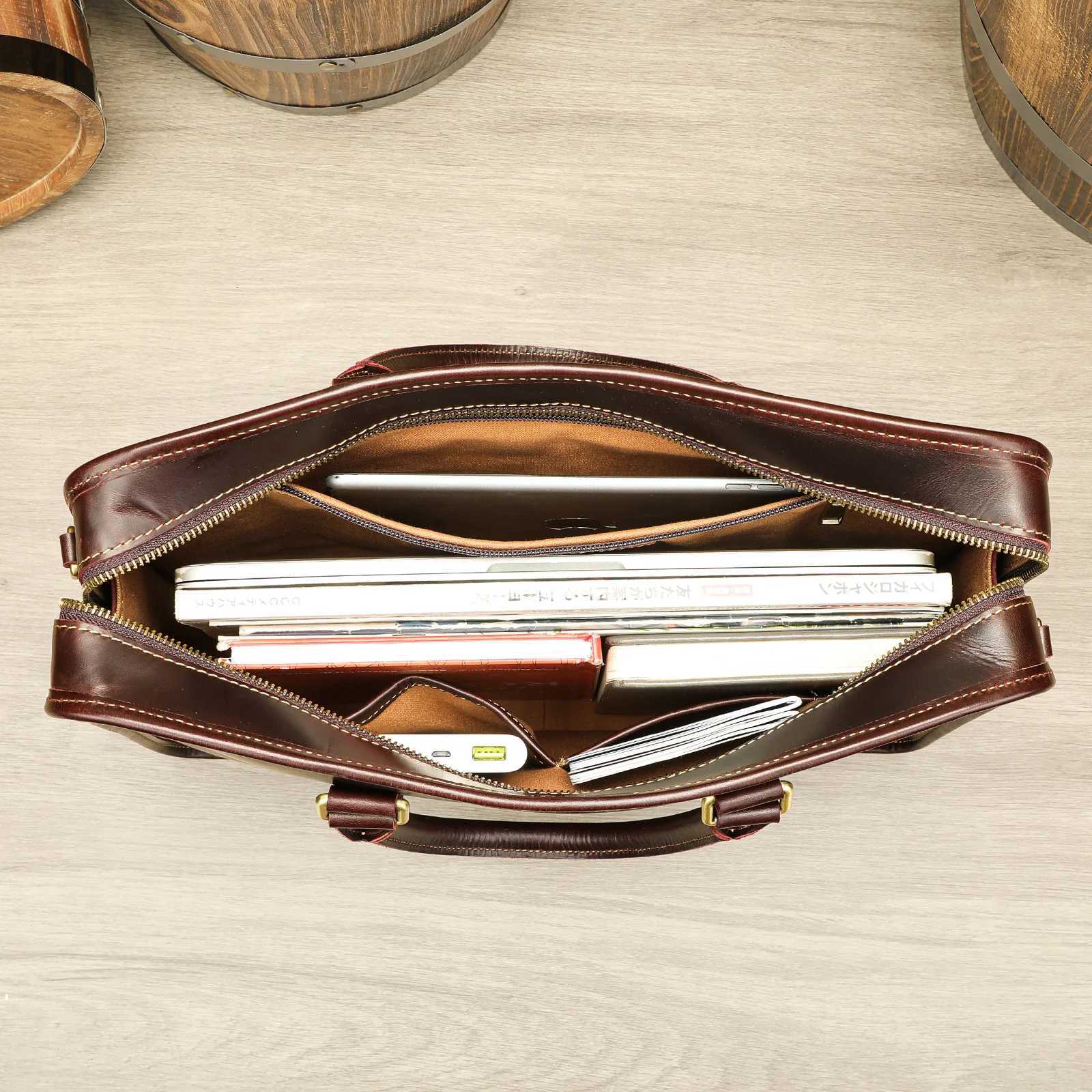 Mens Briefcase Leather Laptop Bag Top Layer Cowhide Casual Handbag 14 Inch Business Shoulder Bag Messenger Bag W251022