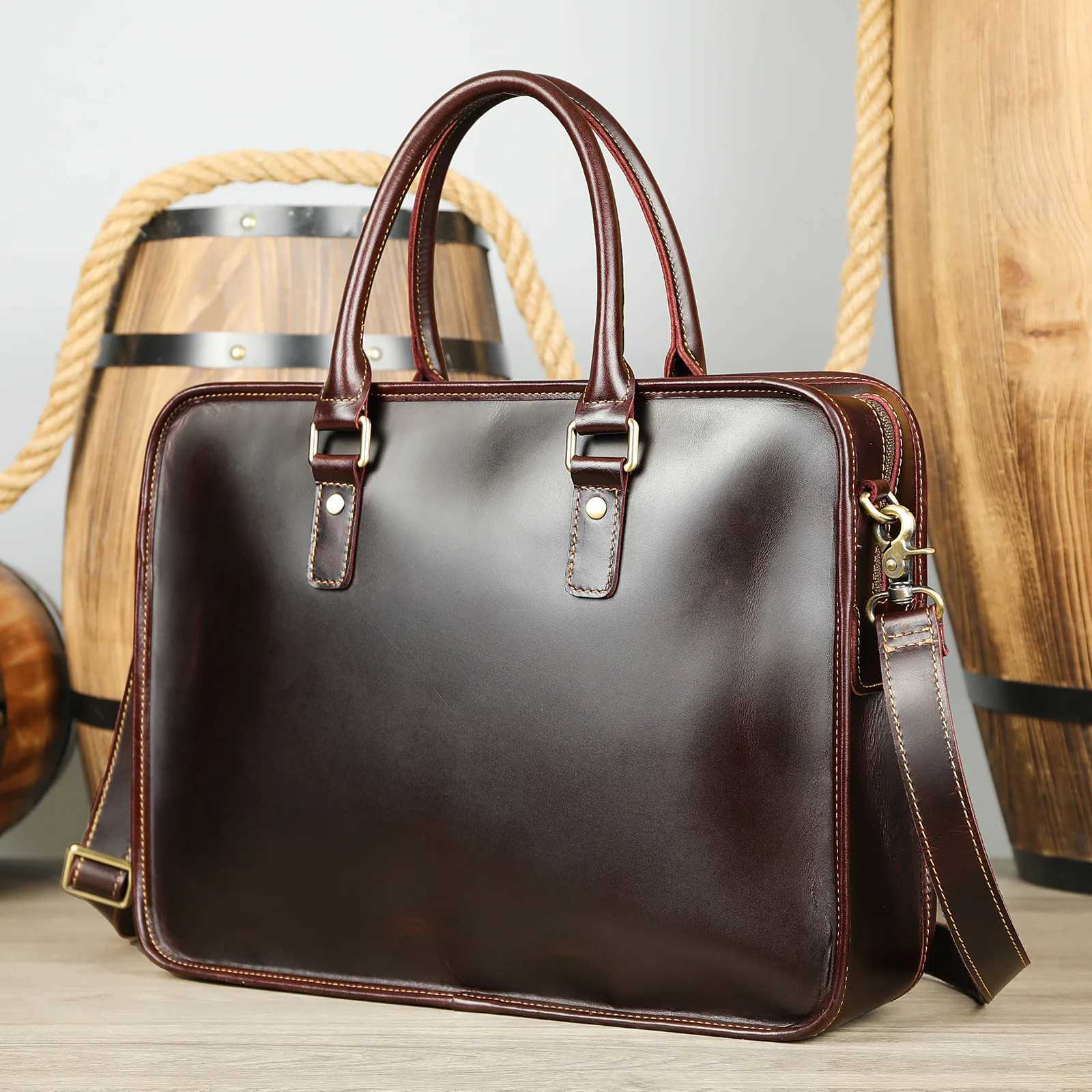 Mens Briefcase Leather Laptop Bag Top Layer Cowhide Casual Handbag 14 Inch Business Shoulder Bag Messenger Bag W251022