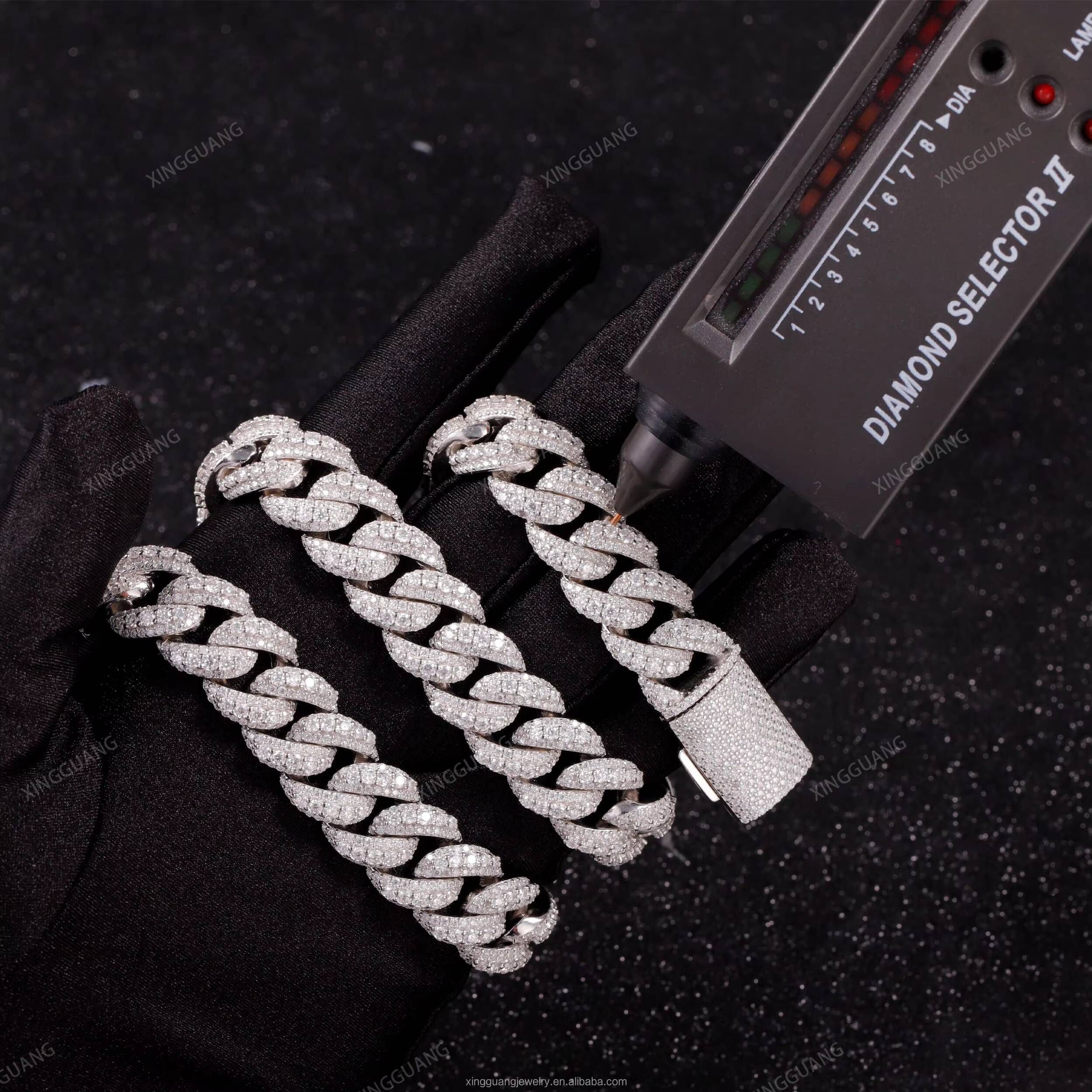 Handmade Jewelry 14mm 18mm 3row Hip Hop Necklace Cuban Chain 925 Sterling Silver with Round Brilliant Cut Moissanite Cuban Chain