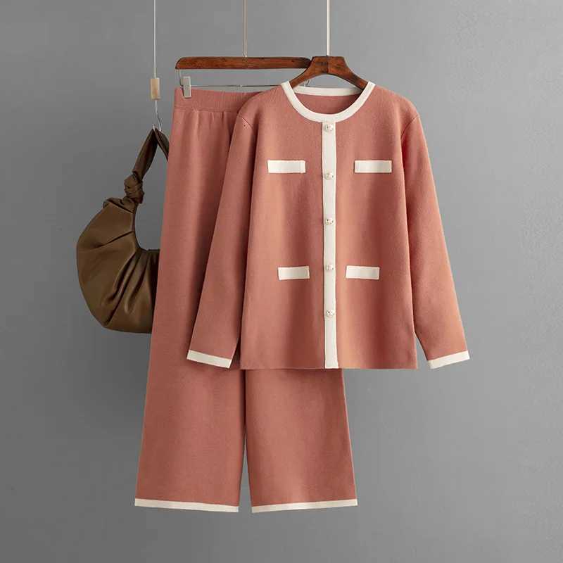 HLBCBG Autumn Casual Sweater Knitted Suits O Neck Loose PulloverSolid Wide Legs Long Pants Women Streetwear Knitted SetsT251022