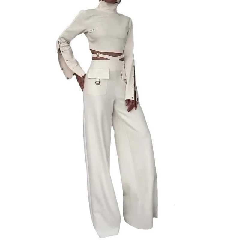 Women Pant Set Two Piece Sets Turtleneck Full Sleeve Cropped Top Sexy Wide Leg Long Pants Loose Casual Elegant Matching SetsT251022