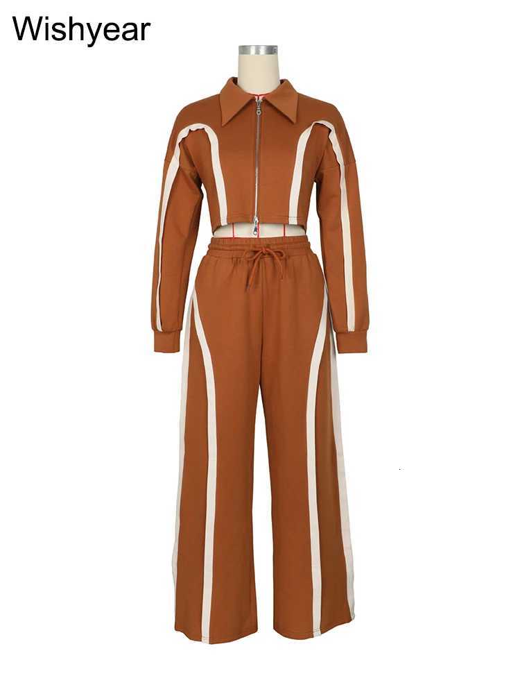 Casual Womens Sportswear 2Piece Set Stripe Patchwork Lapel Long Sleeve Zip Crop Jacket And Wide Leg Pants Tracksuit for FallT251022